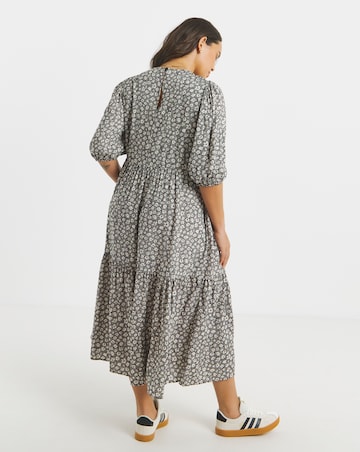 Mono Ditsy Print Tiered Midi Dress