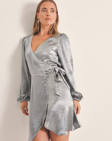 Grey Satin Tie Front Long Sleeve Dress
