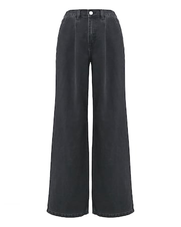 Washed Black Pleat Detail Wide Leg Jeans