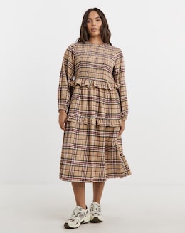 Native Youth Brushed Check Midaxi with Shirred Bust and Frill Tiers