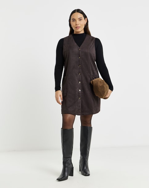 Chocolate Suedette Button Through A Line Dress