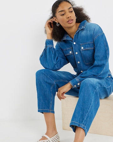 Mid Wash Authentic Look Drape Denim Jumpsuit