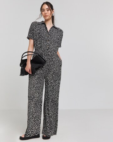 Simply Be Black Printed Waffle Button Up Wide Leg Jumpsuit With Pockets