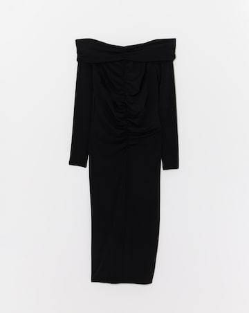 Long Sleeve Ruched Bardot Midi Dress