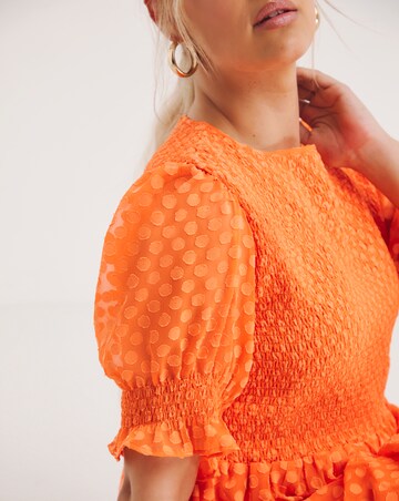 Orange Jacquard Midi Dress With Puff Sleeves