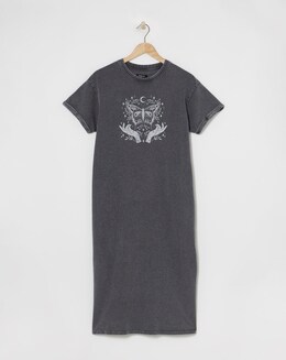 Acid Wash  Cotton Jersey Graphic Short Sleeve Midi T-Shirt Dress