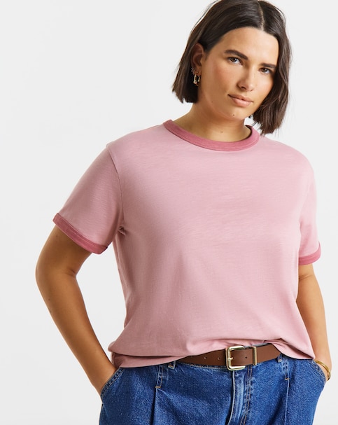 Simply Be Pink Ringer Short Sleeve T-Shirt