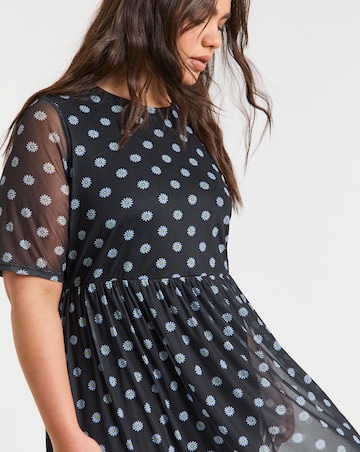 Simply Be Black Daisy Printed Mesh Midi Dress
