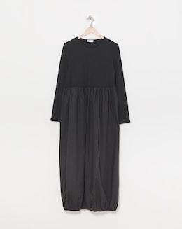 Black Long Sleeve Jersey Poplin Mix Puffball Dress With Pockets