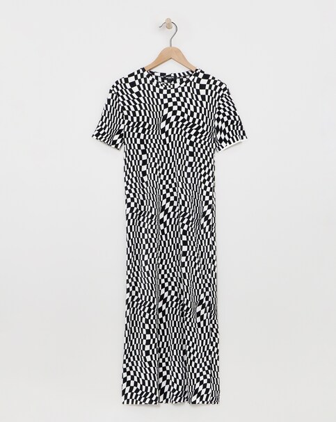 Checkerboard Print Plisse T-Shirt Midi Dress