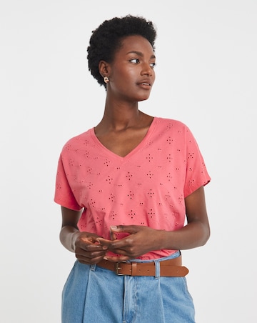 Pure Cotton Pink V-Neck Broderie Short Sleeve T-Shirt