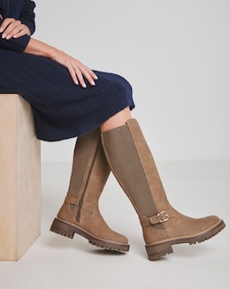 Apollo Knee High Elasticated Boots Buckle Detail - Wide Fit (E) &amp; Curvy Calf