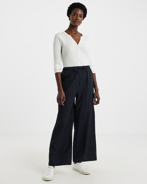 Soft Pull On Navy Pinstripe Wide Leg Trousers