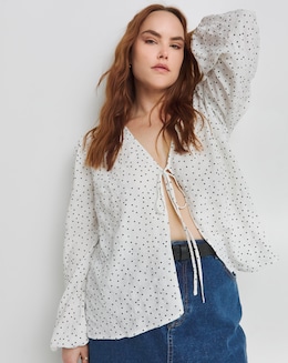 Simply Be Spot Print Tie Front Long Sleeve Blouse