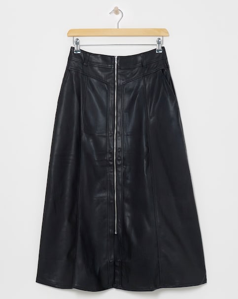 Black A-Line Zip PU Leather Look Maxi Skirt