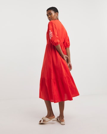 Linen Mix Embroidered Midi Dress With Tassel Neck Tie