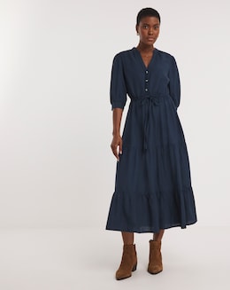 Collarless Smock Midi Shirt Dress