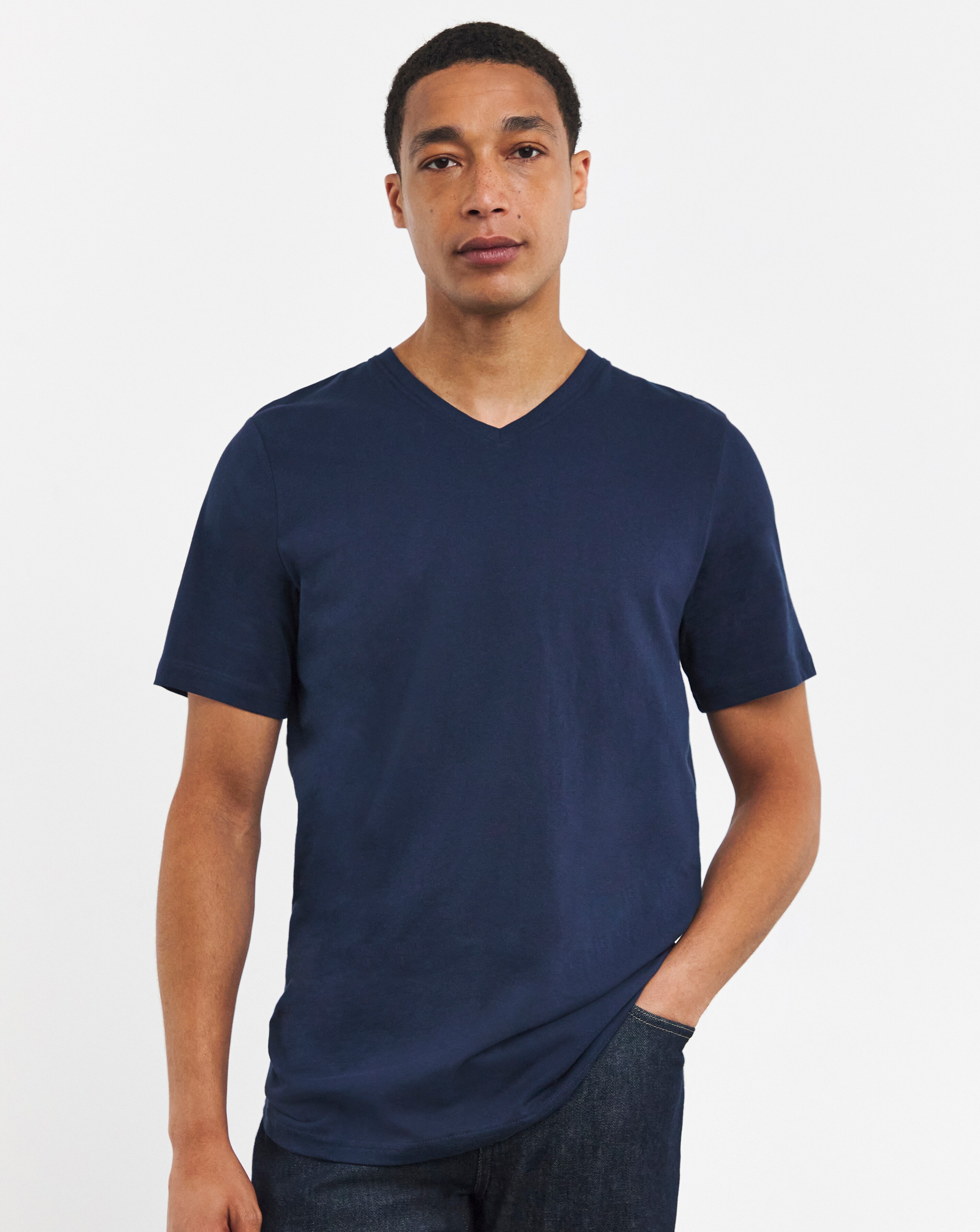 Pure Cotton V-Neck T-Shirt Long- Navy