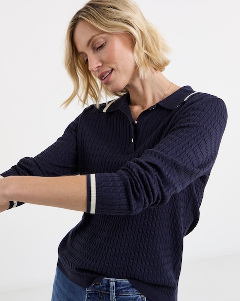 Fine Knit Navy Contrast Cable Collar Jumper