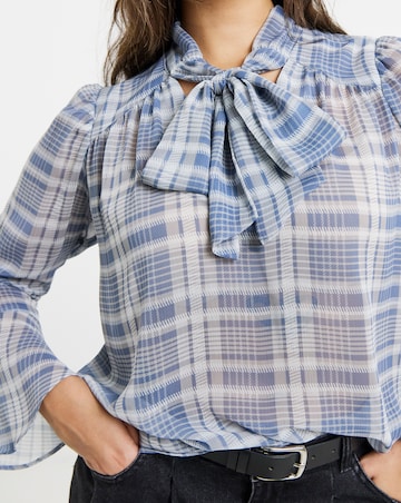 Blue Check Pussybow Blouse with Neck Tie