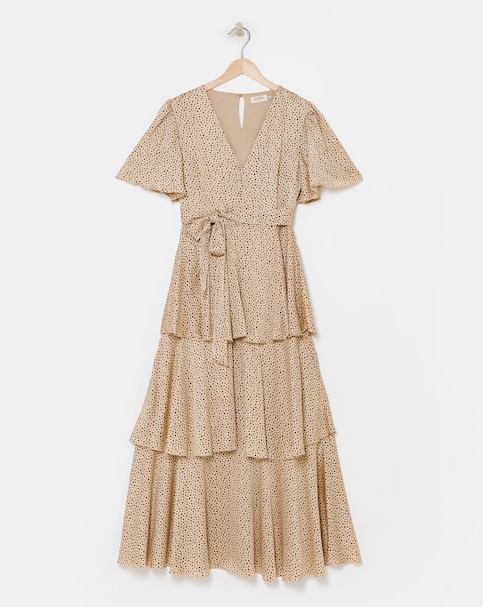 Flounce London Camel Black Spot Satin Tiered Maxi Dress