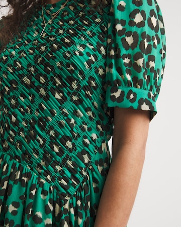 Whistles Painted Leopard Shirred Bodice Midi Dress