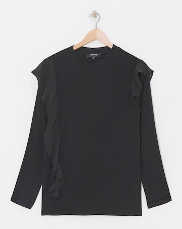 Black Crew Neck Chiffon Frill T-Shirt