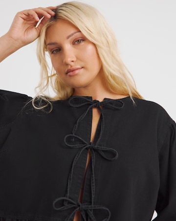 Black Tie Front Denim Peplum Blouse