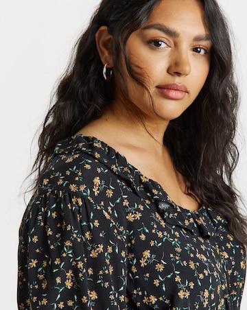 Ditsy Floral Print Frill Neck Detail Midi Dress
