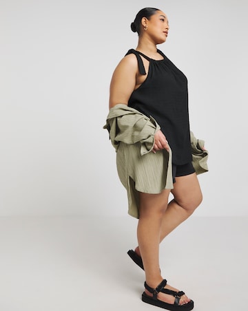 Black Textured Tie Shoulder Top