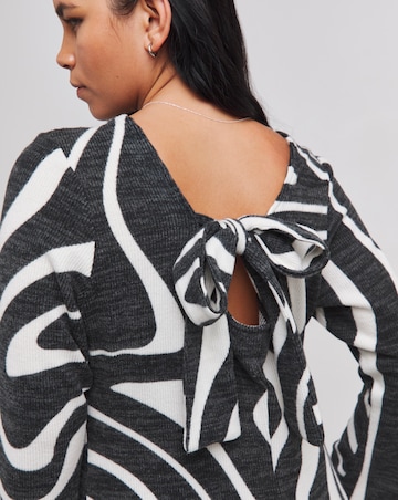 Mono Print Rib Flare Sleeve Cosy Maxi Dress