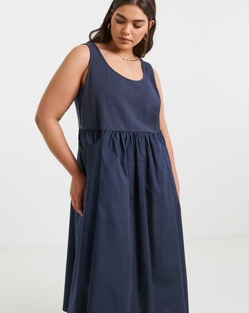 Navy Jersey Poplin Mix Apron Dress With Pockets