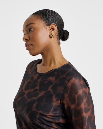 Leopard Print Long Sleeve Mesh Midi Dress