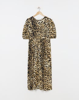 Leopard Print Bow Detail Waffle Midi Dress