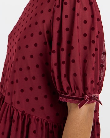Burgundy Dobby Mesh Polka Dot Puff Sleeve Top