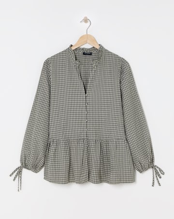 Womens Smock Frill Detail Button Through Blouse - Natural Check