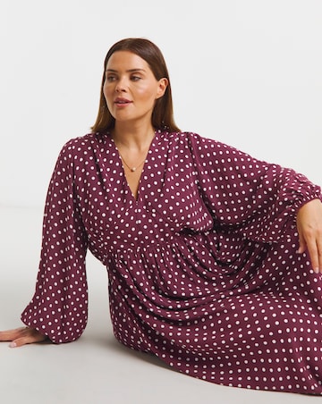 Burgundy Spot Printed Waist Detail Midi Dress