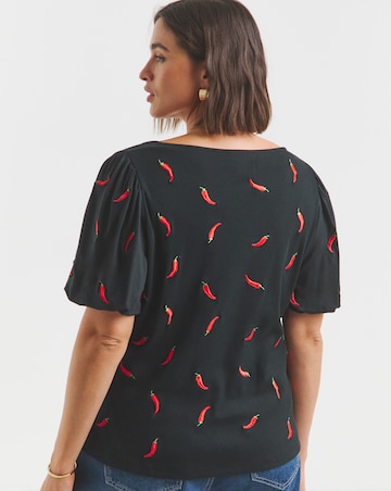 Simply Be Black Chilli Embroidered Puff Sleeve Top