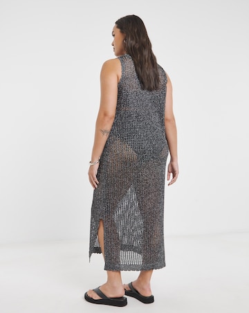 Black Metallic Hole Knit Crochet Midaxi Dress