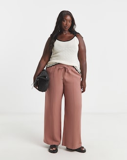 Terracotta Tie Waist Belt Twill Wide Leg Trousers
