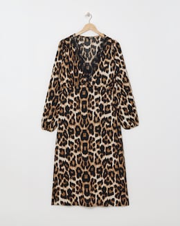 Leopard Print Long Sleeve Waffle Lace Trim Midi Dress