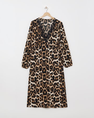 Leopard Print Long Sleeve Waffle Lace Trim Midi Dress