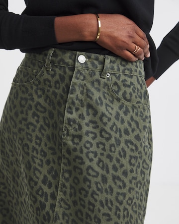 Simply Be Olive Leopard Denim Midaxi Skirt