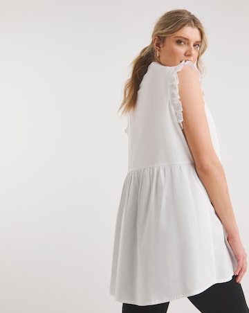 White Sleeveless Poplin Dipback Frill Shirt