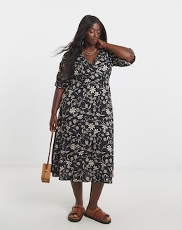 Simply Be Mono Floral Print Spun Viscose Wrap Midi Dress