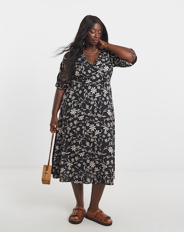 Simply Be Mono Floral Print Spun Viscose Wrap Midi Dress