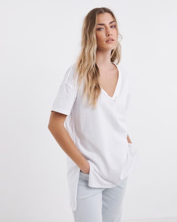 White Oversized Exposed Seam Pure Cotton V Neck T-Shirt