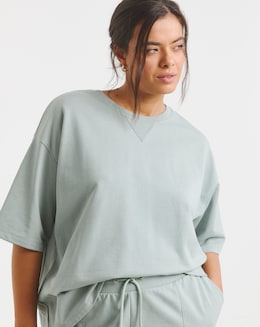 Simply Be Sage Short Sleeve Sweatshirt with Rib Detail