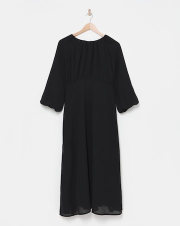 Black Textured Puff Sleeve Tie Back Smock Dress