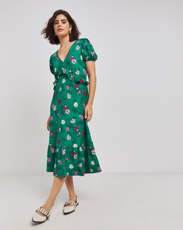 Green Floral Print Supersoft Jersey Frill Midi Dress